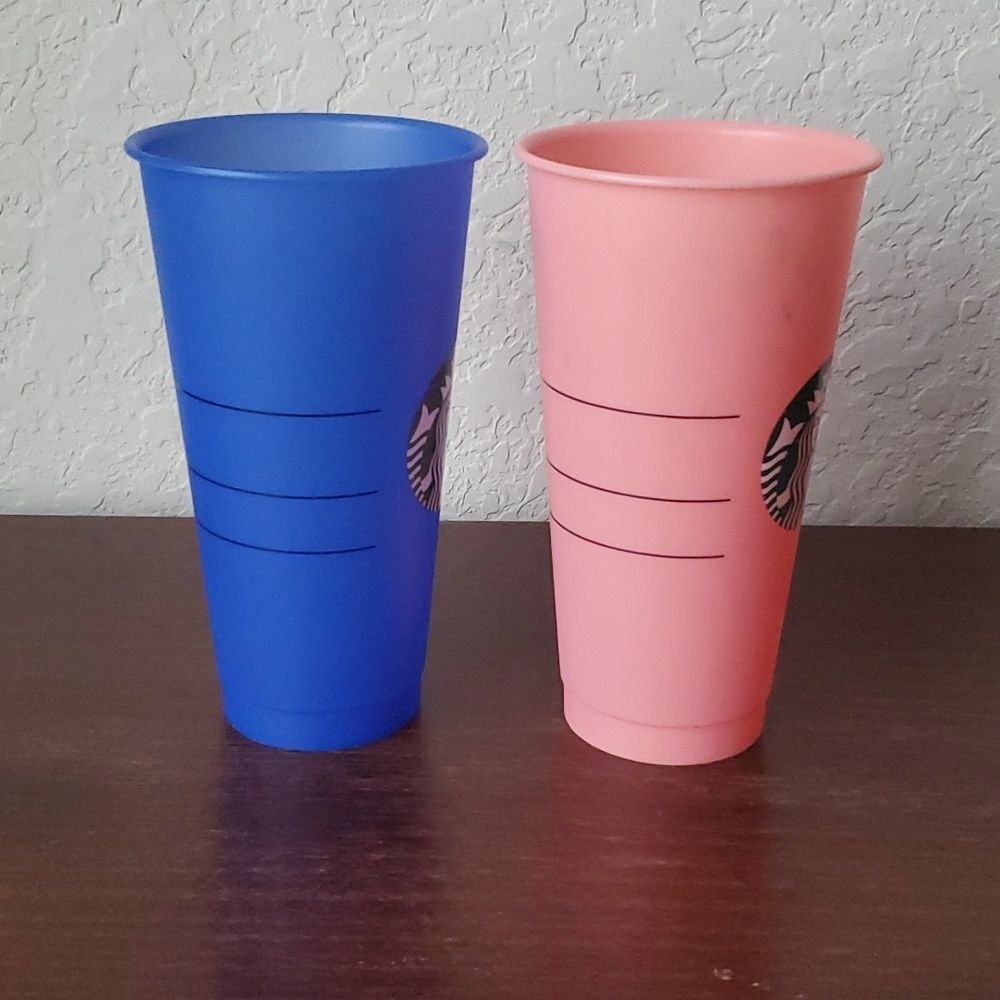 Set of 2 Starbucks Reusable Plastic Venti Cups Frosted Pink Blue 24oz Cold Drink - Picture 4 of 7
